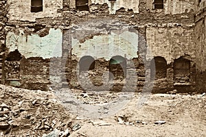 The old ruined brick apartment building closep