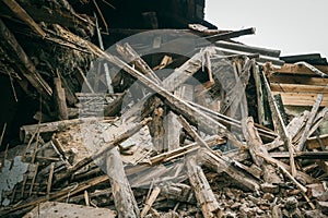 Old ruined building close up. Dismantling of house or after disaster