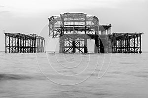 The old ruined and burnt out pier in Brighton