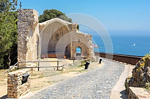 Old ruined church in fortress of Tossa de Mar. Costa Brava, Catalonia, Spain