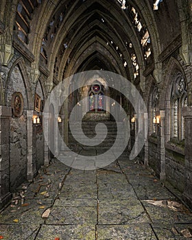 Old ruined corridor in medieval castle or church with picture frames on the walls. 3D rendering