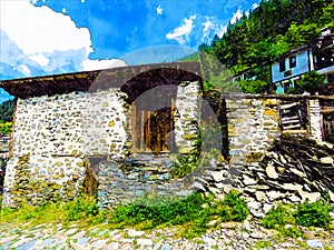 Old ruined historic building painting in a cubic style. Small monastery chapel ruins.