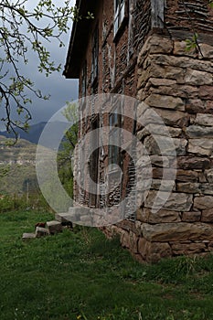 Old ruined house adobe and wood facade in village Gara Bov, Bulgaria