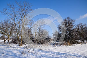 Old ruined house in the village in winter. Snow in yard.