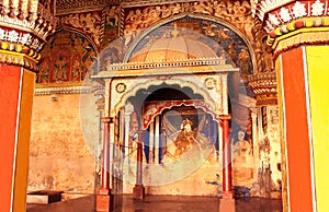 Old ruined the king of sarabhoji painting in ministry hall- dharbar hall- of the thanjavur maratha palace