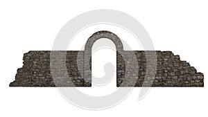 Old ruined medieval stone wall and arch. Isolated 3D illustration