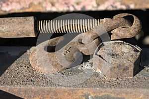 old ruined steam locomotive side surface close up detail