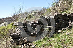 Old ruined stone wall closeup