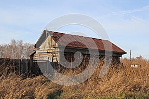 An old ruined wooden house in an abandoned village overgrown with dry grass in autumn