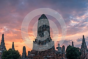 Old ruines of Wat Chai Wattanaram temple on sunset