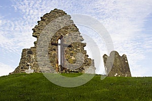 The old ruins of the original St Aidan`s Church at Bellerina in County Londonderry in Northern Ireland
