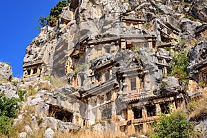 Old ruins of Roman, Lycian architecture, ancient crypt, caves in the mountains, Turkey, Demre.