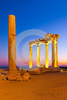 Old ruins in Side, Turkey at sunset