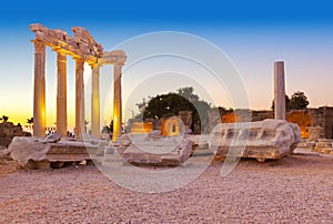 Old ruins in Side, Turkey at sunset