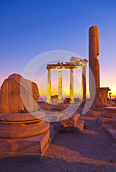 Old ruins in Side, Turkey at sunset