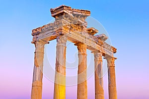 Old ruins in Side, Turkey at sunset