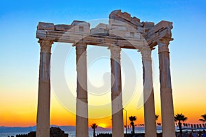 Old ruins in Side, Turkey at sunset