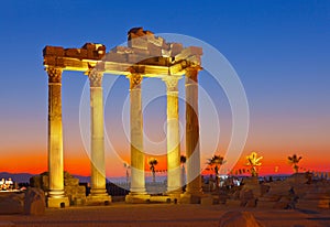 Old ruins in Side, Turkey at sunset
