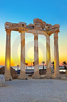 Old ruins in Side, Turkey at sunset