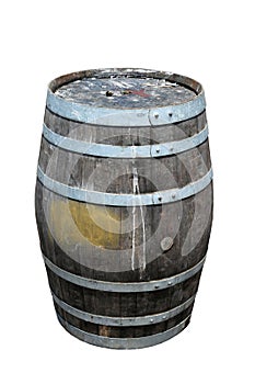 An old Rum Barrel sits on a wooden board walk. old dirty wooden keg or rum barrel. On a white background