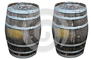An old Rum Barrel sits on a wooden board walk. old dirty wooden keg or rum barrel. On a white background