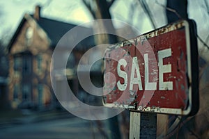 Old run down for sale sign in front of blurry residential home building