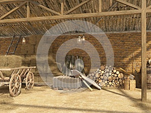 Old rural barn with bales of hay, firewood, tools for work. An old cart with hay under a canopy. 3D visualization.