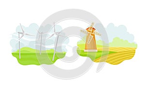 Old rural windmill. Alternative source of energy. Green renewable energy concept vector illustration