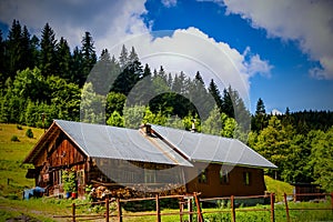 Old rural wooden house with newly built building on hillside with woods