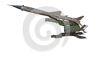 Old russian antiaircraft defense rocket launcher missiles isolated over white