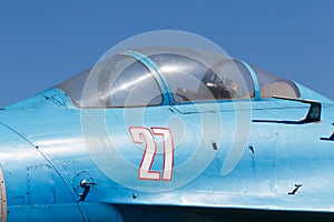 Old Russian fighter plane. Detail cockpit of combat aircraft