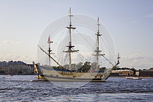 Old Russian military sailing ship Poltava at the parade in Saint Petersburg in the Neva River