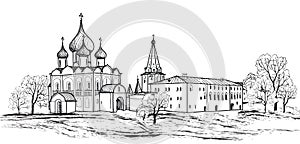 Old russian town landscape hand drawn illustration. Suzdal Kremlin. View of Suzdal cityscape. The Golden Ring of Russia.