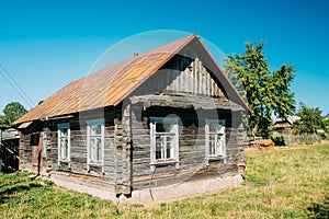 Old Russian Traditional Wooden House In Village Of Belarus Or Ru