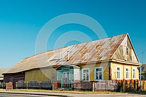 Old Russian Traditional Wooden House In Village Of Belarus Or Russia