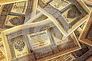 Old Russian tsarist paper money. Beautiful retro background with 1 ruble bills