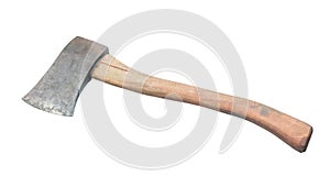 Old rust dirty dark gray ax with brown wooden handle isolated on white background with clipping path