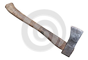 Old rust dirty dark gray axe with brown wooden handle isolated on white background with clipping path