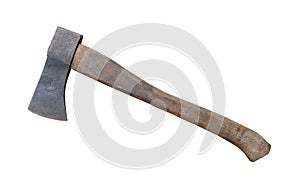 Old rust dirty dark gray axe with brown wooden handle isolated on white background with clipping path