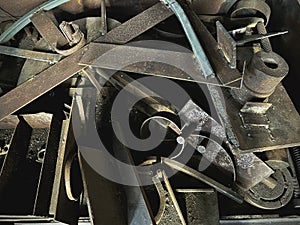 Old and rust Scrap irons plenty on floor,used metal,piled together in rubbish