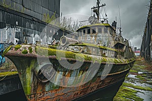 An old, rusted boat lies abandoned on top of a body of water, showcasing its deteriorating state, An old, moss-covered naval ship