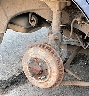 Old rusted brake drum on an old car