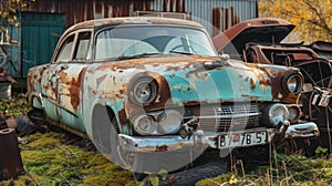 An old, rusted car sits abandoned in a desolate landscape, remnants of a bygone era.