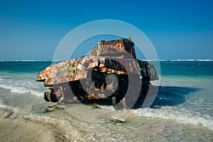 The old rusted and deserted military tank of Flamenco beach on the Puerto Rico island of Culebra