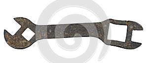 Old rusted iron tool on white background photo