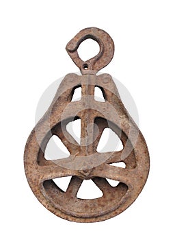 Old rusted metal pulley isolated.