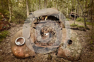 Old rusted scrap car in a forest