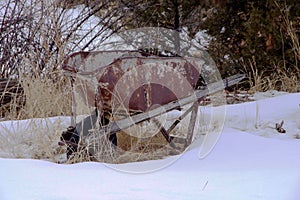 Old rusted wheelbarrow in the snow and left behind