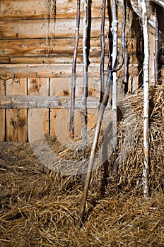 Old rustic barn and a pitchfork