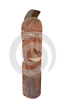 Old rustic carved wooden man face isolated.